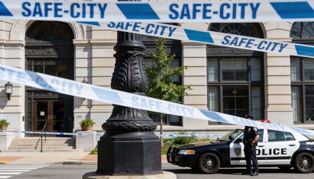 Ornate lamppost framing police cordon outside municipal building with patrol car and officer
