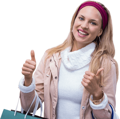 Happy shopper giving thumbs up with shopping bags transparent background