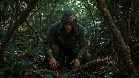 Assassin man in hooded jacket exploring dense forest on adventure journey