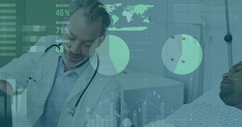 Doctor monitoring patient with digital health analytics overlay at bedside, clinical data view