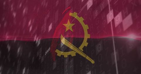 Angolan flag overlaid on digital code background
