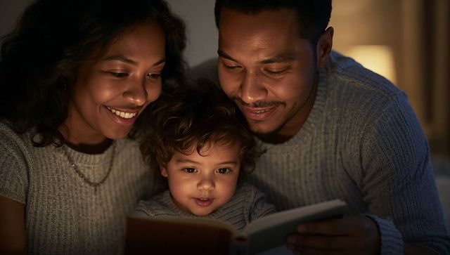 Parents reading bedtime story with toddler in cozy knit sweaters by warm lamp glow