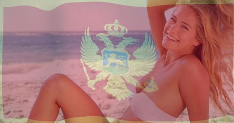 Relaxing on serbian beach under vibrant montenegrin flag overlay