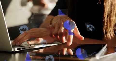 Woman tapping tablet and typing laptop with floating data charts and globe icons