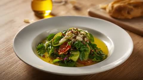 Slow push-in on fresh Mediterranean salad with olive oil drizzle and crusty bread