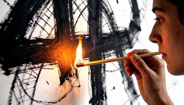 Artist lighting match to ignite abstract black brushstrokes on canvas for dramatic texture