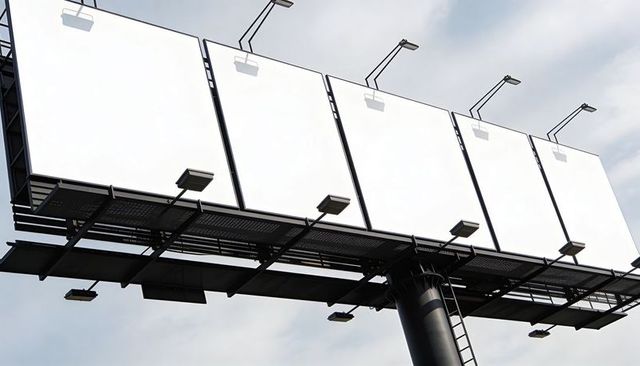 Blank five-panel billboard towering roadside, featuring lamps, ladder, metal framework