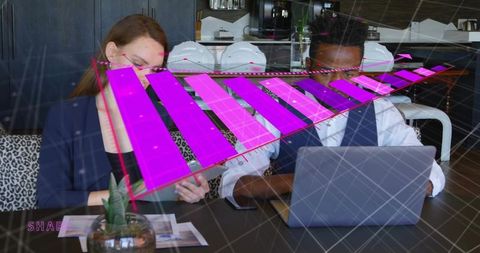 Business professionals collaborating with ar overlay and holographic magenta chart