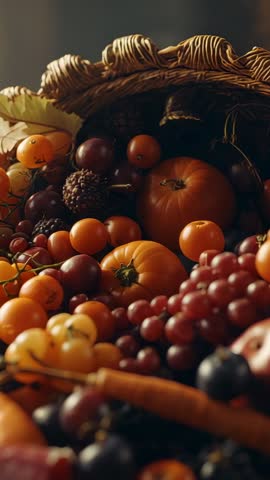 Vertical pan over rustic cornucopia overflowing with autumn grapes, tomatoes and gourds