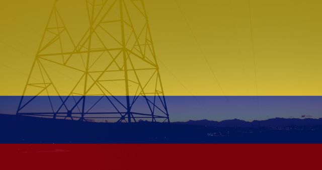 Colombian Flag Overlay on Power Pylons at Sunset - Download Free Stock Images Pikwizard.com