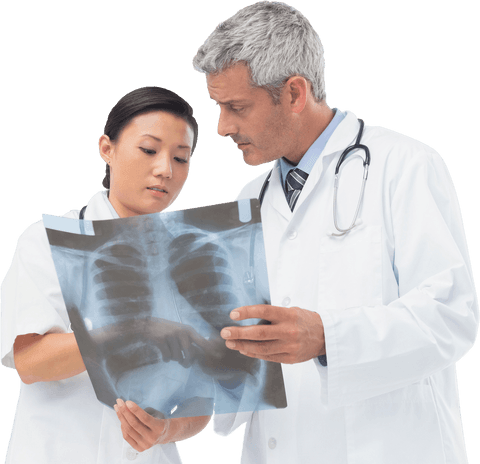 Medical professionals analyzing transparent chest x-ray results together