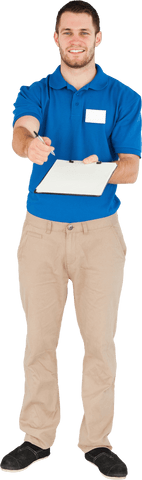 smiling salesman holding clipboard inviting signature transparent - Download Free Stock Videos Pikwizard.com