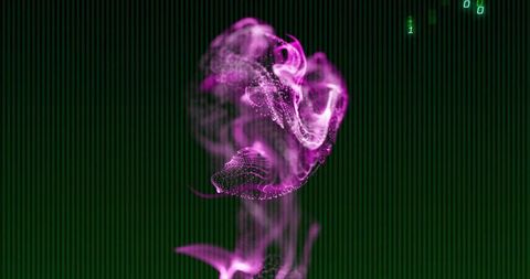 Swirling Purple Particle Cloud Above Green Digital Background