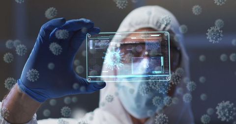 Scientist Examining Holographic Interface with Virus Cells Infographic