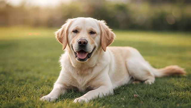 Happy labrador retriever lying on sunlit lawn in park