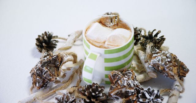 Christmas hot chocolate with marshmallows and pine cone decorations on white background. Christmas, celebration and tradition.