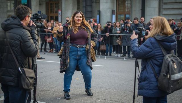 Hispanic woman posing for cameras on urban street
