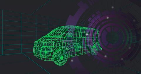 Neon Wireframe Van Rotating in Futuristic Virtual Grid with Purple HUD and Teal 3D Accents