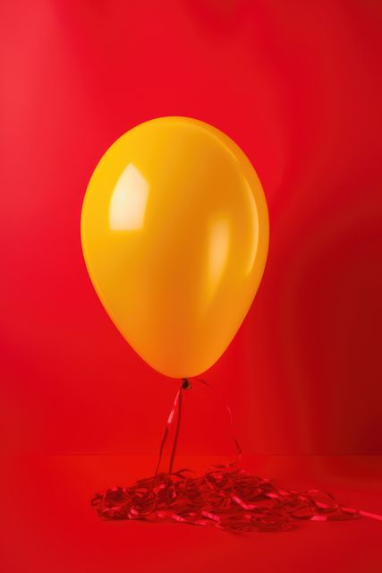Yellow party balloon with red string on red background, created using generative ai technology. Celebration and party time, digitally generated image.