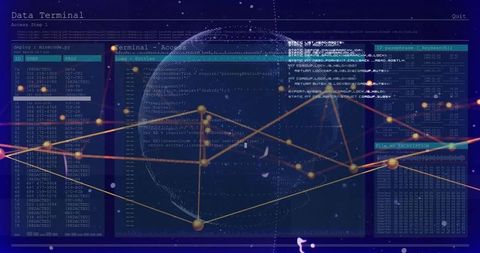Rotating wireframe globe over virtual cyber dashboard showing golden network nodes