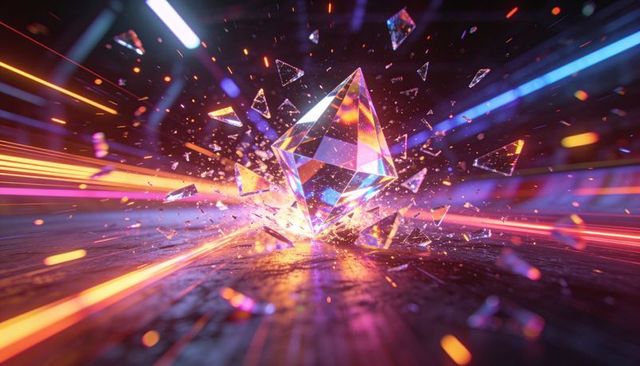 Shattering crystal prism with neon light trails in futuristic corridor, dynamic spectrum explosion