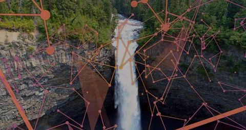 Abstract Digital Art Overlay on Waterfall in Forest Canyon