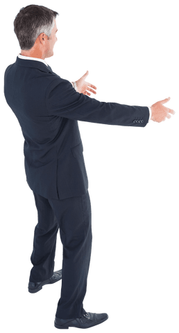 Full length side view of businessman gesturing hands transparent background