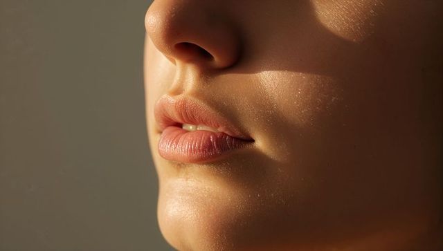Sunlit lower face revealing soft lips, skin texture, vellus hair and subtle side light