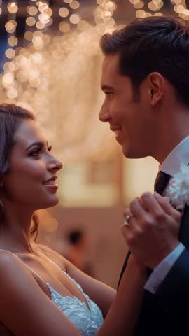 Newlyweds Dancing Close, Pressing Foreheads and Swaying Under Warm Bokeh Ballroom Lights