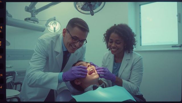 Smiling Dentists Examining Young Patient in Modern Dental Office