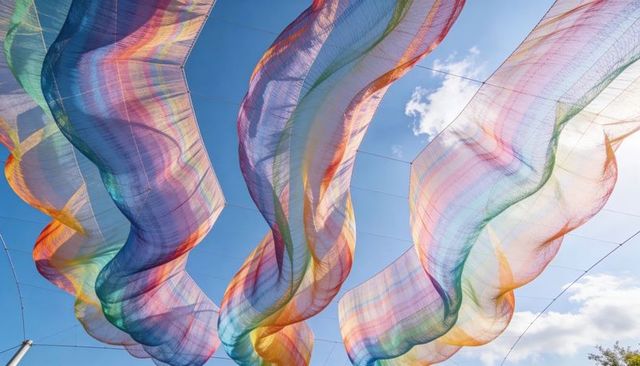 Translucent rainbow fabric canopy billowing over blue sky, woven textile art installation