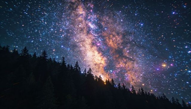 Milky way rising over conifer ridge with vibrant galactic core and colorful starfield