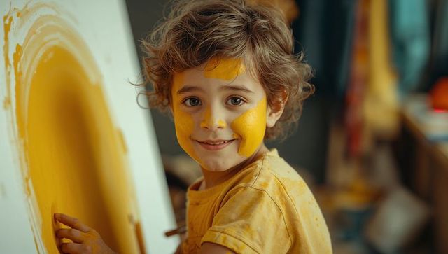 Joyful child painting vibrant yellow masterpiece at home art studio