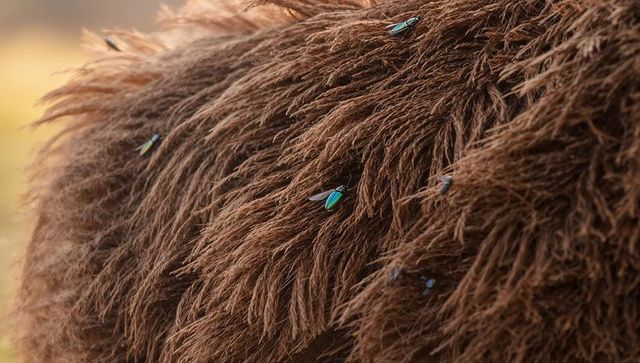 Iridescent flies resting on shaggy brown animal fur close-up macro texture
