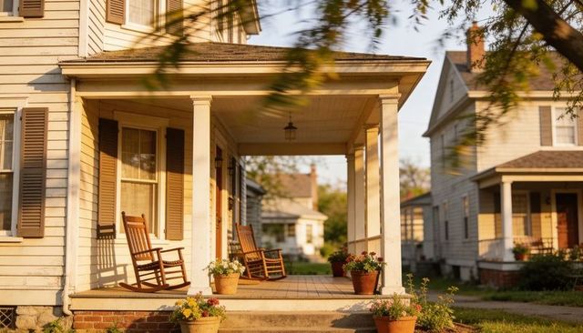 Sunlit porch with wooden rocking chairs, potted flowers and warm golden-hour light