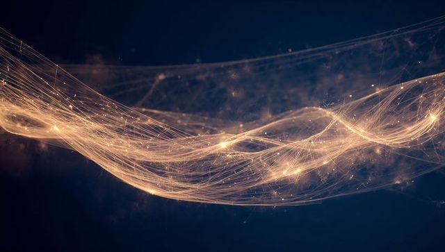 Flowing golden light filaments weaving through dark space with sparkling nodes and glow