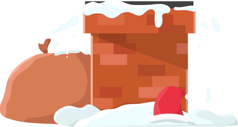 Transparent brick chimney with santa hat and snowy sack