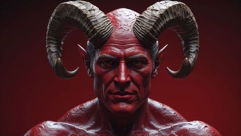 Dark art satan design with large horns and glowing red skin