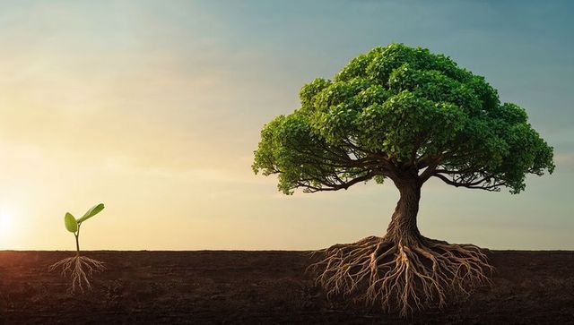 Mature Tree and Seedling Growth in Vibrant Sunrise Setting