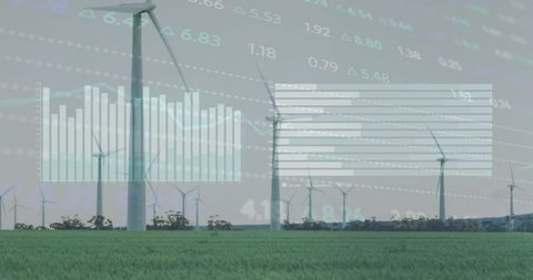 Financial Data Overlay on Wind Turbines Landscape