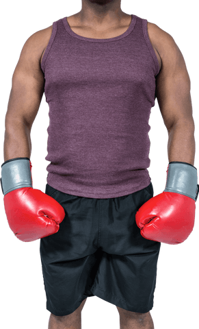 Fit Man Standing in Boxing Attire with Red Gloves Transparent Background
