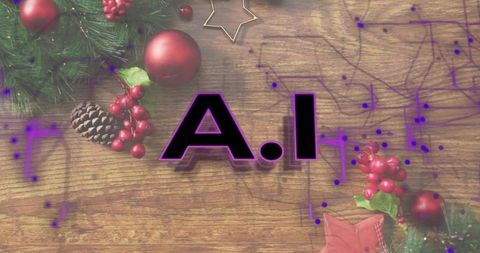 Bold AI Lettering Sitting on Rustic Wood Tabletop with Evergreen Sprigs, Red Baubles