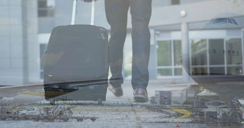 Traveller with Luggage Walking Near Airplane Illustrates Aviation Theme