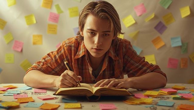 Teen studying with textbook and sticky notes enhancing learning