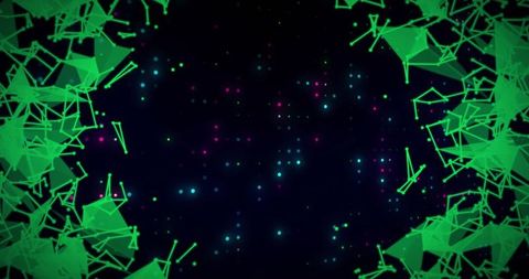 Glowing neon green polygon network framing central cyan and magenta particle field