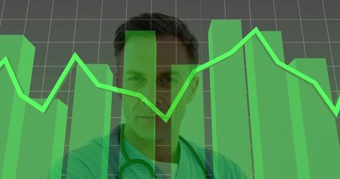 Doctor blending with 3D bar chart and green trend line visualizing clinical analytics