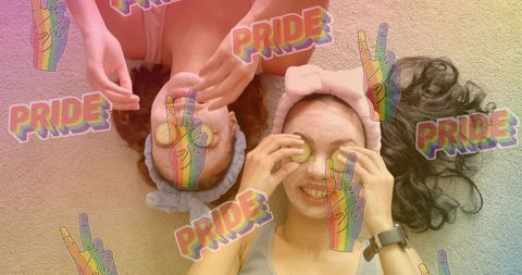 Friends enjoying pride skincare spa with face masks, cucumber slices and rainbow overlay