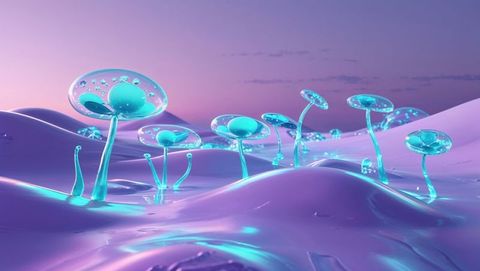 Glowing turquoise mushrooms on surreal purple landscape