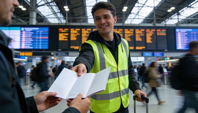 Smiling station staff handing brochure and assisting passenger at busy railway concourse