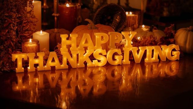 Glowing Happy Thanksgiving Sign with Candles and Pumpkins on Polished Tabletop
